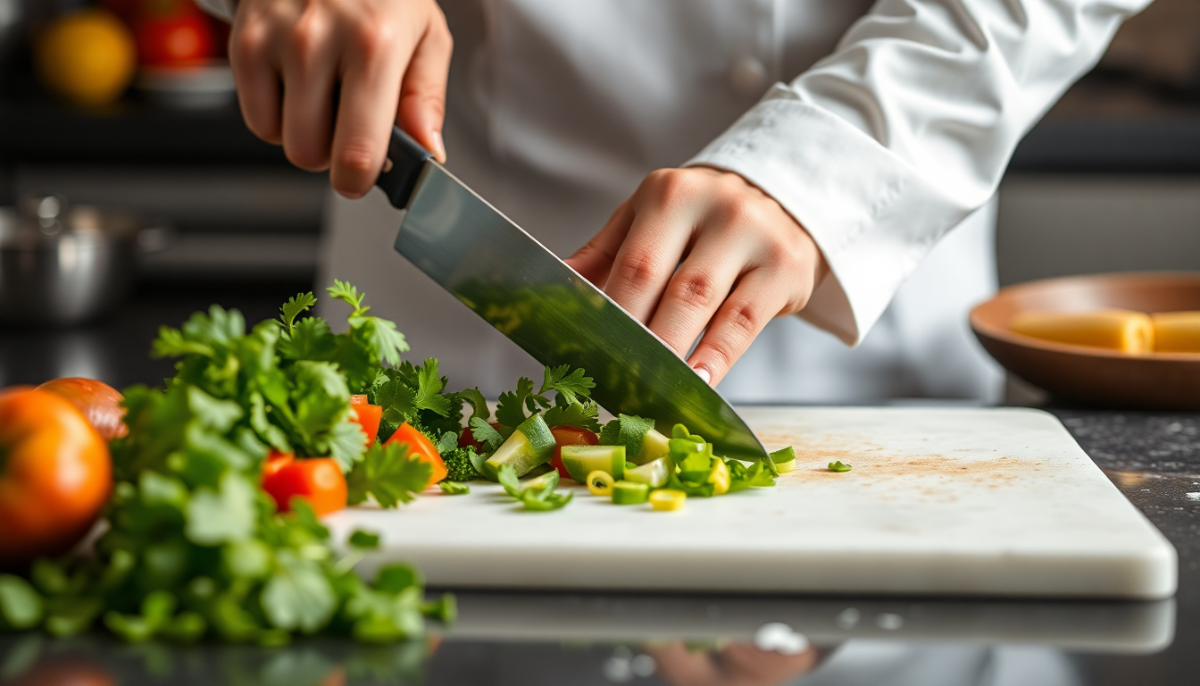 A chef Cutting veggies with a chef knife