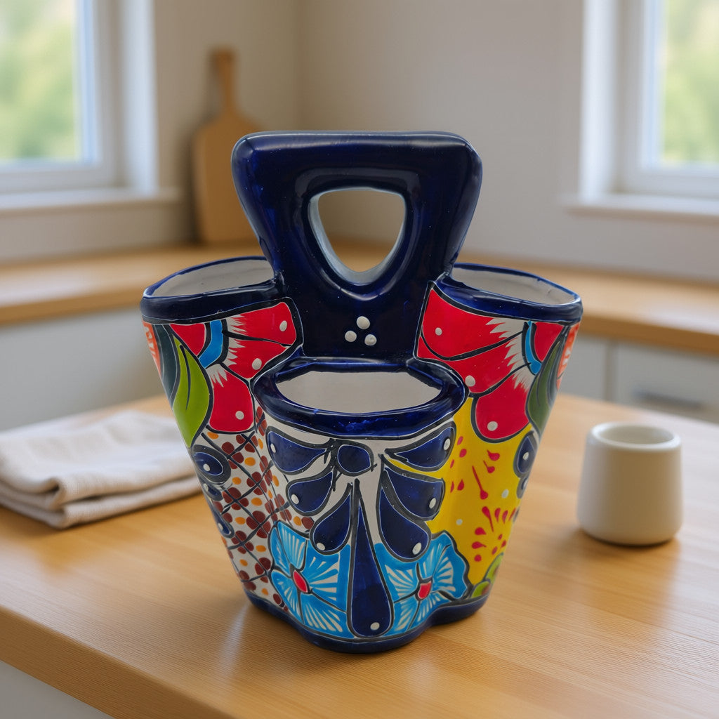 Colorful Talavera utensil holder for kitchen tools