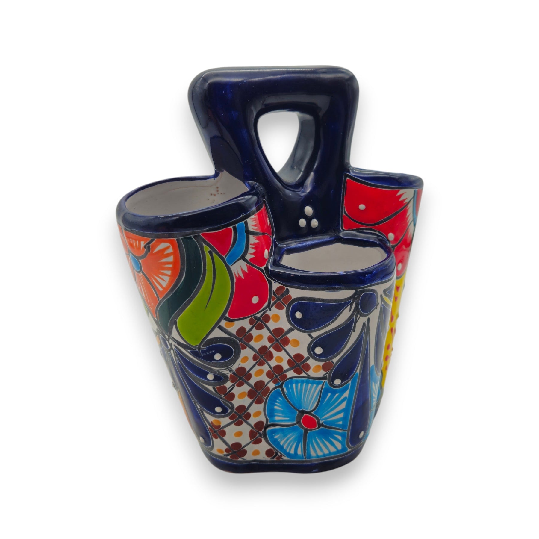 Handmade Talavera utensil crock with bright patterned finish