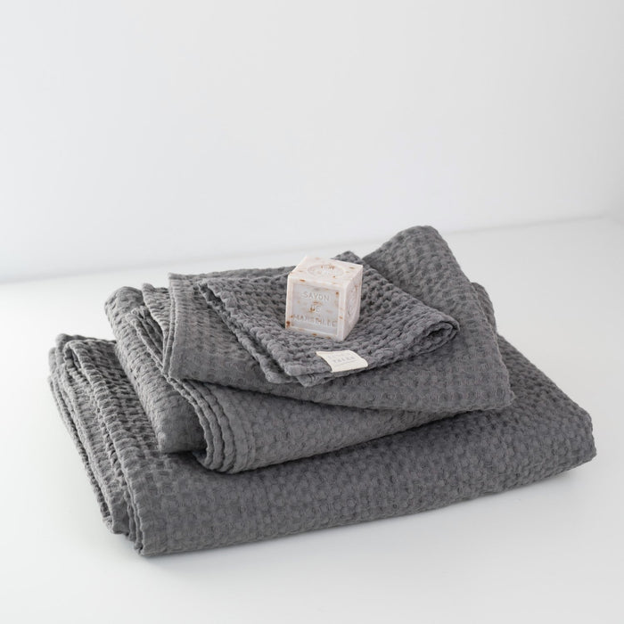 Dark grey linen-cotton waffle towel set folded together