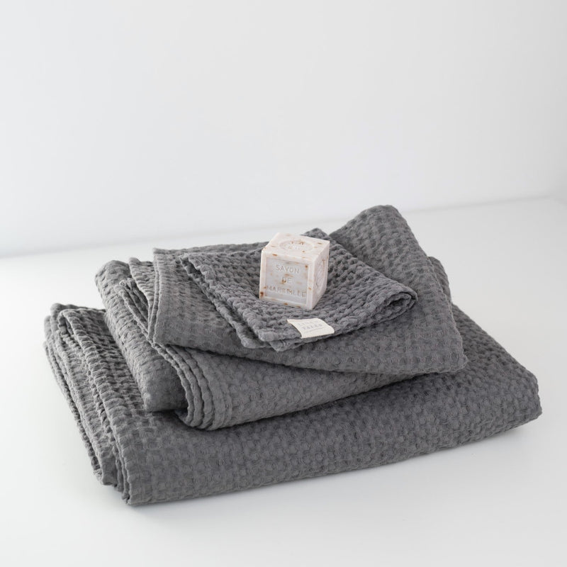 Dark grey linen-cotton waffle towel set folded together