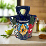 Mexican-style Talavera ceramic utensil crock with floral pattern