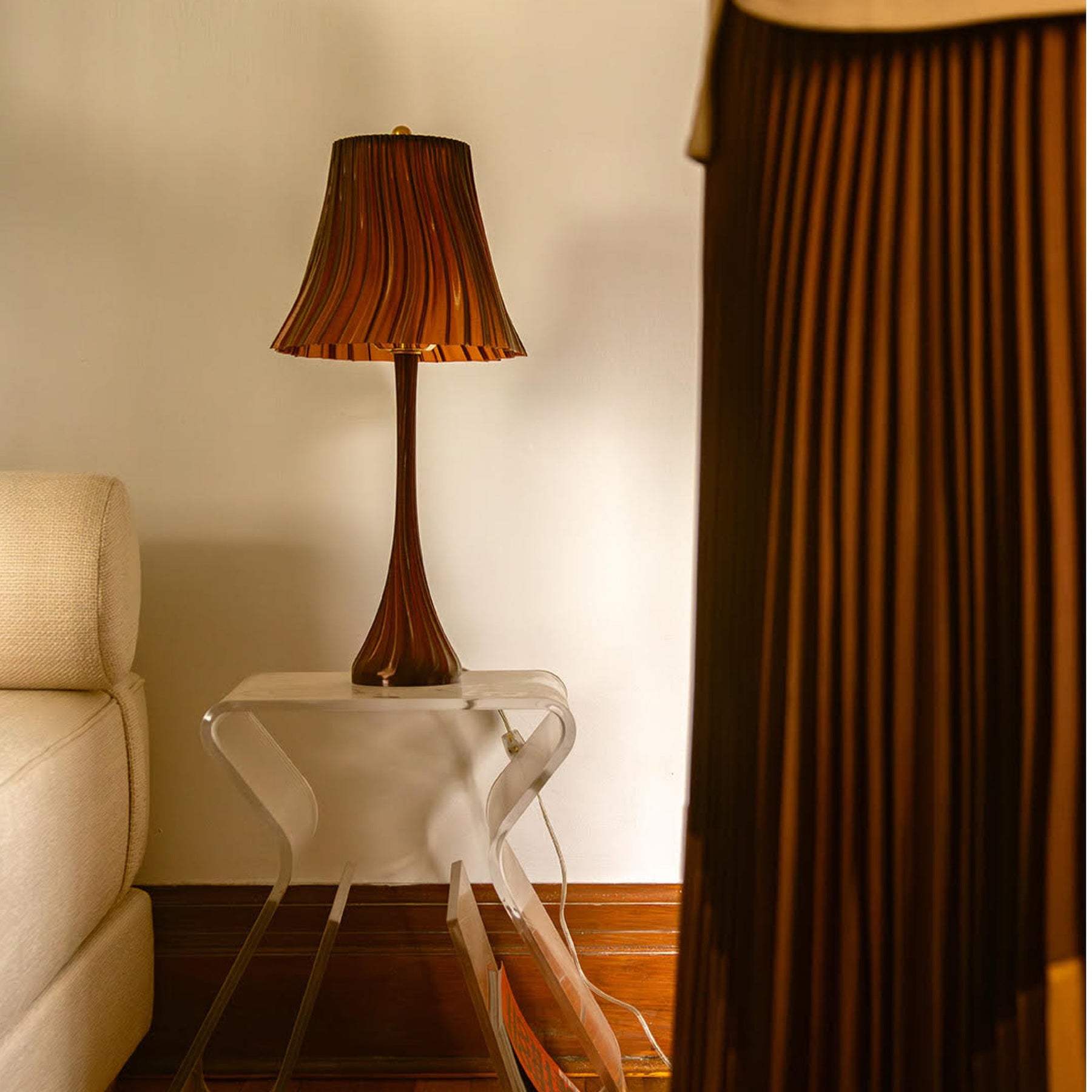 Sculptural 3D printed pleat table lamp on display