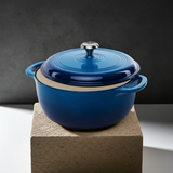 Blue cast iron Dutch oven served as table-ready cookware