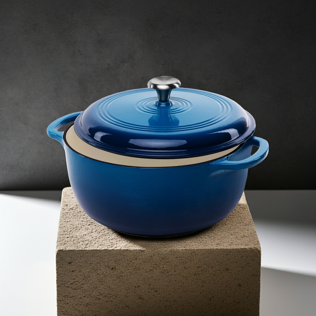 Blue cast iron Dutch oven served as table-ready cookware