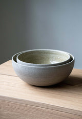 Concrete nesting bowls showing textured stoneware finish