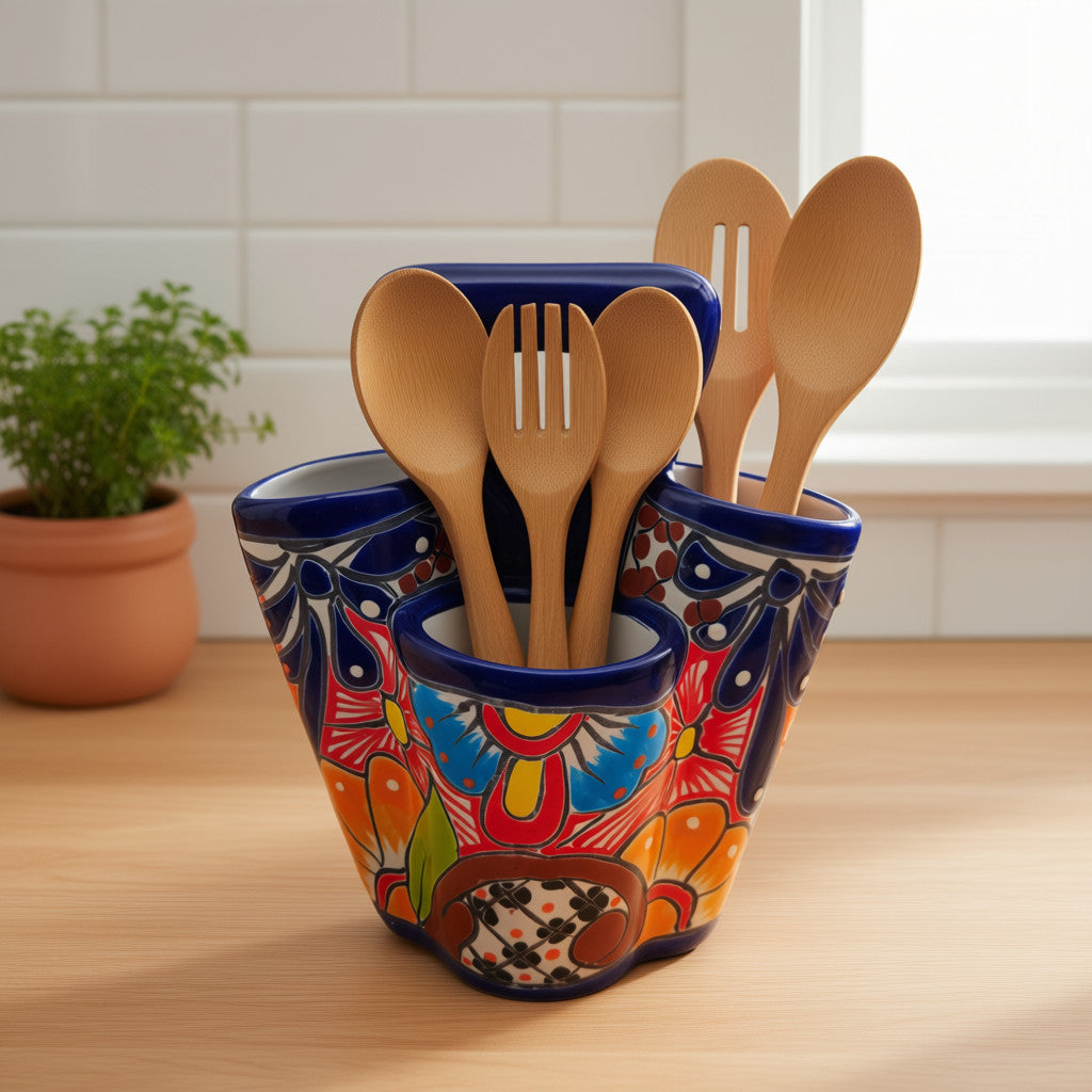 Handmade Talavera ceramic utensil holder front view