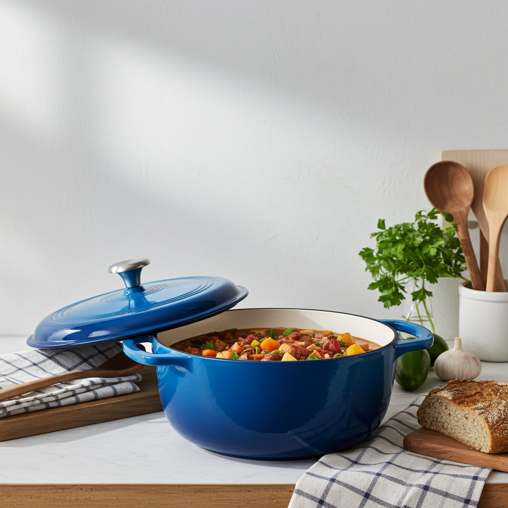 Blue enamel cast iron Dutch oven on kitchen counter